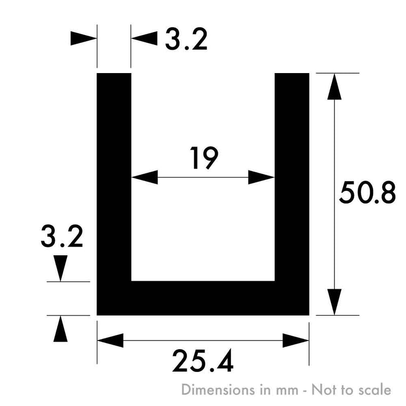 25.4mm x 50.8mm x 3.2mm (1" x 2" x 1/8") Anodised Aluminium Channel